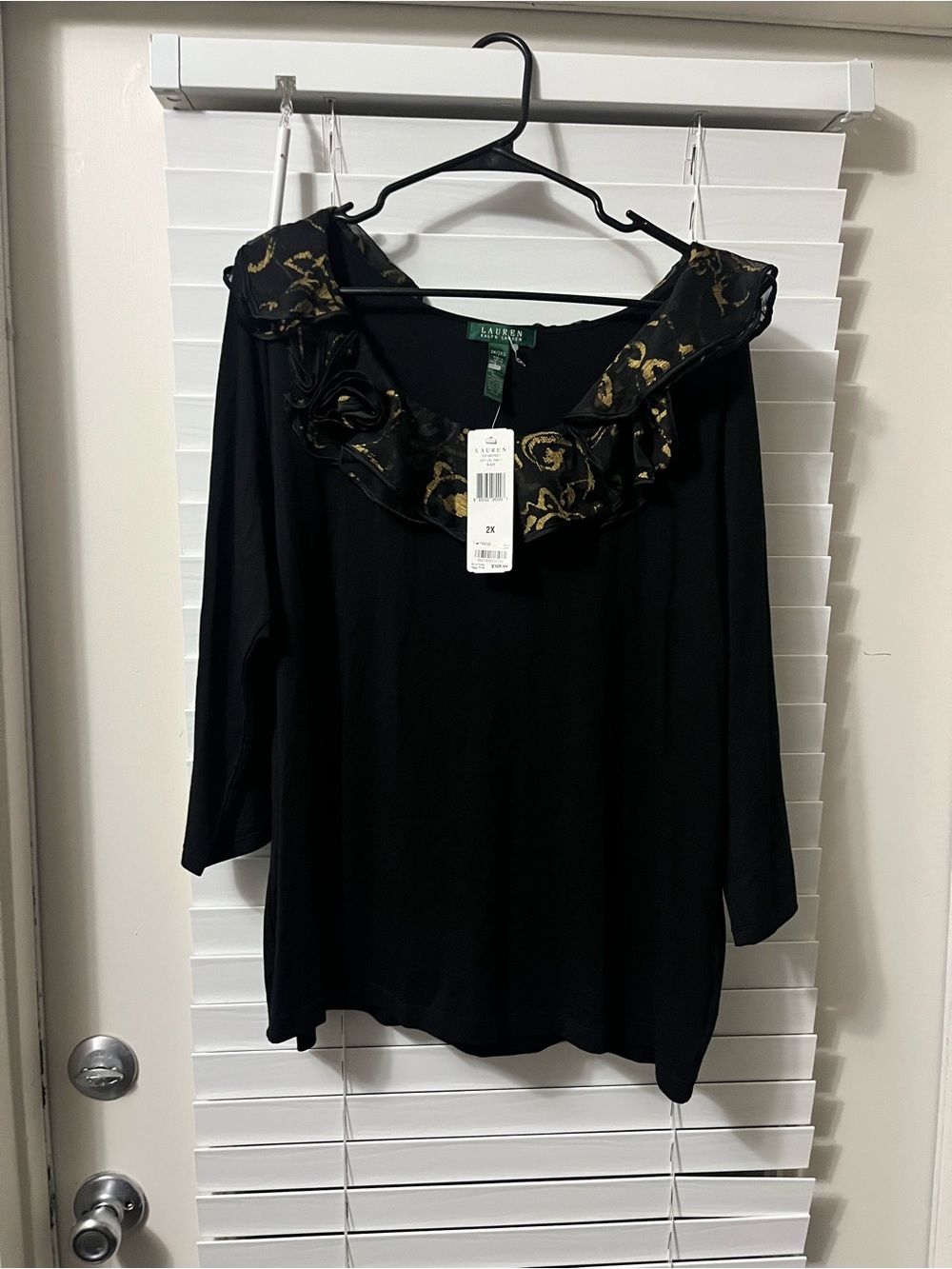 Lauren Ralph Lauren Black Knit Top with Gold-Print Ruffle Collar